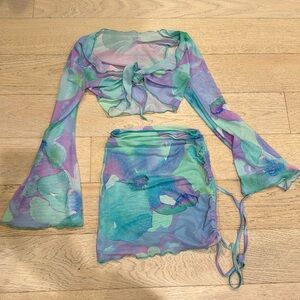 Tiger Mist blue purple watercolor crop tie top cinched skirt coverup XS